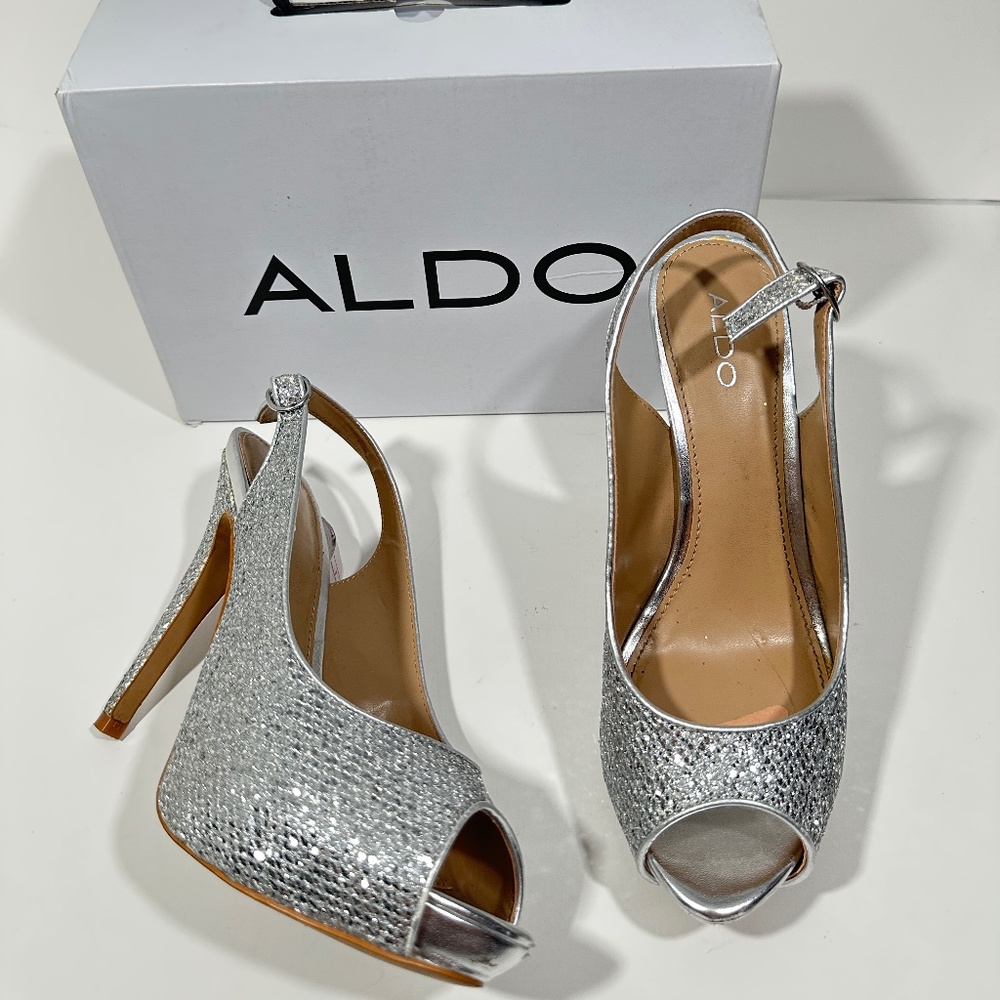 Aldo [ Womens 10 ] Sparkly High Heel Peep Toe‎ in Silver